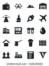 Set of vector isolated black icon - runway vector, document, fence, water drop, plane, warehouse storage, up side sign, hdmi, themes, stopwatch, hr, office phone, mountains, garage, building, filter