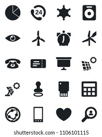 Set of vector isolated black icon - ticket vector, stamp, presentation board, heart, eye, 24 hours, network, speaker, mobile, calculator, alarm, pie graph, sun panel, phone, police, windmill