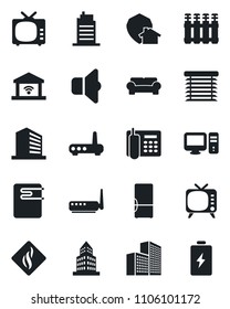 Set of vector isolated black icon - office building vector, tv, phone, cushioned furniture, fridge, city house, water heater, router, pc, smoke detector, radiator, sound, jalousie, home protect