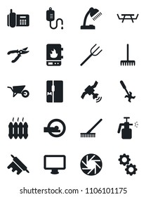 Set of vector isolated black icon - farm fork vector, rake, wheelbarrow, pruner, picnic table, garden sprayer, ripper, dropper, tomography, office phone, satellite, monitor, mobile camera, desk lamp