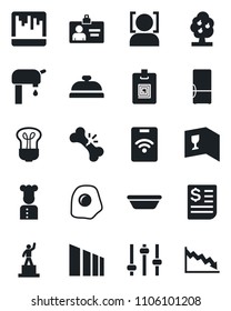 Set of vector isolated black icon - identity card vector, pedestal, broken bone, receipt, sorting, tuning, scanner, face id, water supply, fruit tree, fridge, cook, wine, reception, bowl, omelette