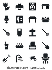 Set of vector isolated black icon - elevator vector, shower, desk, job, shovel, rake, wheelbarrow, signpost, tulip, office chair, meeting, paper tray, table, washer, restaurant, drink, phyto bar