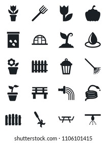 Set of vector isolated black icon - flower in pot vector, farm fork, fence, rake, seedling, watering, sproute, water drop, hose, bench, pumpkin, garden light, greenhouse, seeds, picnic table, ripper