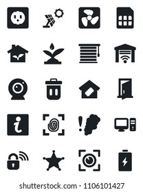 Set of vector isolated black icon - sim vector, smart home, eco house, socket, fingerprint, fan, wireless lock, irrigation, web camera, pc, smoke detector, jalousie, garage gate control, eye scan