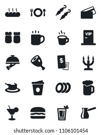 Set of vector isolated black icon - coffee vector, cafe, cocktail, phyto bar, beer, plates, waiter, salt and pepper, bread, candle, vip zone, credit card, restaurant receipt, chicken, kebab, ham