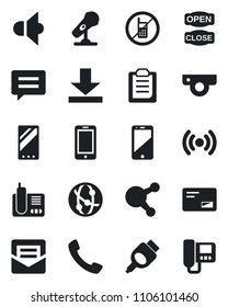 Set of vector isolated black icon - no mobile vector, phone, microphone, speaker, network, cell, radio, share, mail, hdmi, call, message, download, clipboard, open close, wireless, web camera