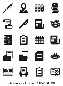 Set of vector isolated black icon - document vector, calendar, contract, pin, cash, folder, news, clipboard, checklist, paper binder, book, pen, serviette, certificate