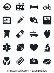Set of vector isolated black icon - bed vector, heart, doctor case, syringe, diagnostic, microscope, scales, pills blister, patch, tomography, ambulance star, car, bike, hand, real, caries, joint