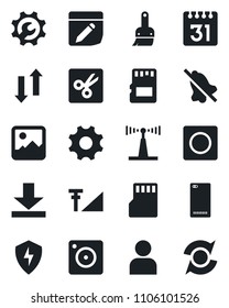 Set of vector isolated black icon - antenna vector, phone back, mobile camera, gallery, protect, settings, themes, user, record, sd, calendar, notes, data exchange, download, mute, cut, root setup