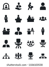 Set of vector isolated black icon - reception vector, manager, office chair, place, client, user, company, desk, hierarchy, estate agent, group