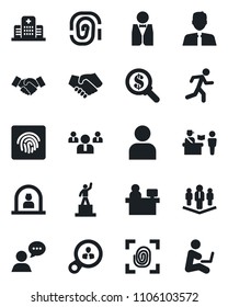 Set of vector isolated black icon - passport control vector, reception, handshake, pedestal, team, manager place, run, hospital, speaker, user, fingerprint id, company, estate agent, waiter, money