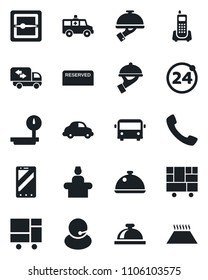 Set of vector isolated black icon - airport bus vector, 24 around, reception bell, mobile phone, ambulance car, office, support, delivery, consolidated cargo, heavy scales, call, scanner, moving