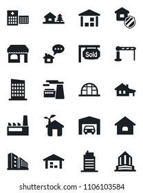 Set of vector isolated black icon - barrier vector, shop, factory, greenhouse, hospital, warehouse, house, with garage, tree, sold signboard, office building, city, estate insurance, eco