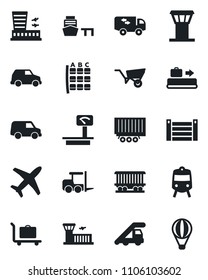Set of vector isolated black icon - airport tower vector, baggage conveyor, trolley, train, fork loader, ladder car, seat map, building, wheelbarrow, railroad, plane, truck trailer, sea port, moving