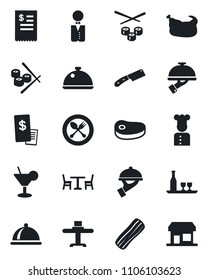 Set of vector isolated black icon - spoon and fork vector, cafe, waiter, cook, dish, alcohol, restaurant table, cocktail, bacon, receipt, chicken, steak, knife, sushi, storefront