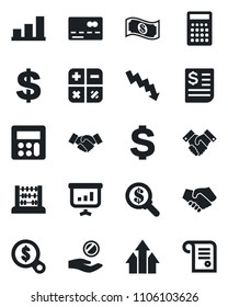 Set of vector isolated black icon - credit card vector, handshake, dollar sign, calculator, abacus, crisis graph, receipt, bar, arrow up, money search, investment, cash, presentation, contract