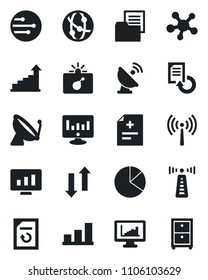 Set of vector isolated black icon - antenna vector, satellite, bomb in case, growth statistic, monitor, document reload, diagnosis, folder, network, share, data exchange, statistics, bar graph, pie
