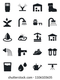Set of vector isolated black icon - shower vector, watering can, boot, water drop, well, drip irrigation, sea shipping, port, warehouse, pond, bathroom, drink, filter, sprinkler