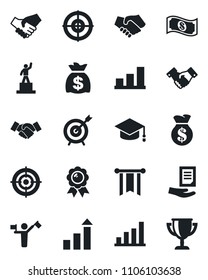 Set of vector isolated black icon - dispatcher vector, handshake, growth statistic, pedestal, medal, graduate, money bag, document, bar graph, target, pennon, cash, award cup