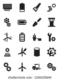 Set of vector isolated black icon - airport tower vector, fork loader, trowel, saw, truck trailer, sea port, oil barrel, battery, low, root setup, sun panel, windmill, gear
