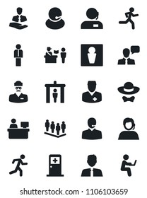 Set of vector isolated black icon - passport control vector, security gate, male, medical room, manager, team, place, run, doctor, support, client, speaker, estate agent, dress code