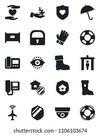 Set of vector isolated black icon - plane radar vector, fence, security gate, umbrella, glove, boot, heart shield, hand, lock, eye id, estate insurance, intercome, surveillance, palm sproute