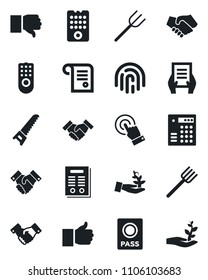 Set of vector isolated black icon - passport vector, handshake, document, farm fork, saw, touch screen, finger up, down, fingerprint id, contract, remote control, combination lock, palm sproute
