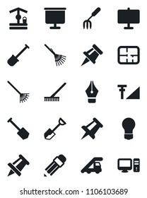 Set of vector isolated black icon - ladder car vector, drawing pin, bulb, job, garden fork, shovel, rake, well, cellular signal, presentation board, ink pen, pencil, plan, pc