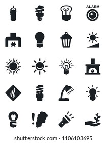 Set of vector isolated black icon - sun vector, bulb, garden light, torch, brightness, desk lamp, fireplace, candle, smoke detector, energy saving, alarm led, idea, palm sproute