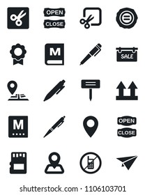 Set of vector isolated black icon - no mobile vector, pen, stamp, plant label, navigation, pin, up side sign, sd, cut, sertificate, sale, menu, open close, paper plane