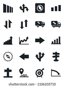 Set of vector isolated black icon - right arrow vector, left, growth statistic, route, signpost, navigation, sorting, data exchange, compass, bar graph, moving, target, crisis
