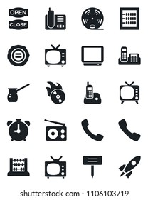Set of vector isolated black icon - alarm clock vector, tv, abacus, stamp, plant label, reel, flame disk, radio, phone, call, office, open close, turkish coffee, rocket
