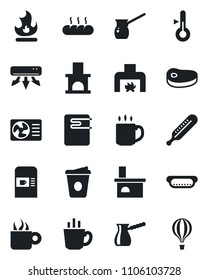 Set of vector isolated black icon - coffee machine vector, fire, fireplace, thermometer, air conditioner, bread, steak, hot dog, turkish, water heater, balloon