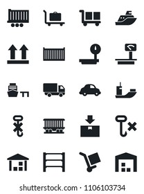 Set of vector isolated black icon - baggage trolley vector, railroad, sea shipping, truck trailer, cargo container, car delivery, port, up side sign, no hook, warehouse, package, heavy scales, rack