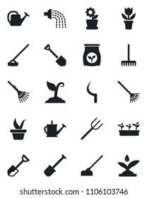 Set of vector isolated black icon - job vector, flower in pot, shovel, farm fork, rake, seedling, watering can, sproute, hoe, sickle, fertilizer, irrigation
