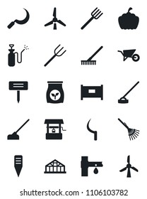 Set of vector isolated black icon - fence vector, farm fork, rake, wheelbarrow, well, hoe, sickle, plant label, pumpkin, greenhouse, garden sprayer, fertilizer, drip irrigation, windmill