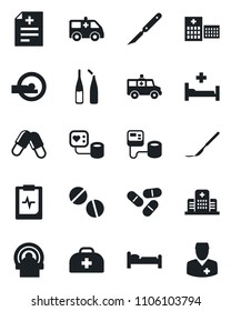 Set of vector isolated black icon - bed vector, doctor case, diagnosis, blood pressure, pills, ampoule, scalpel, tomography, ambulance car, hospital, pulse clipboard