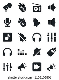 Set of vector isolated black icon - flame disk vector, microphone, radio, speaker, settings, equalizer, headphones, fast forward, rca, bell, mute, music, sound, advertising