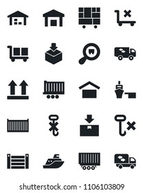 Set of vector isolated black icon - sea shipping vector, truck trailer, cargo container, port, consolidated, warehouse storage, up side sign, no trolley, hook, package, search, moving