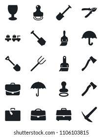 Set of vector isolated black icon - suitcase vector, stamp, baggage larry, job, shovel, farm fork, pruner, axe, fragile, umbrella, themes, case, hard work