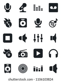 Set of vector isolated black icon - vinyl vector, flame disk, microphone, radio, speaker, settings, equalizer, headphones, play button, stop, record, music, sound