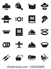 Set of vector isolated black icon - dish vector, restaurant table, cafe, menu, plates, waiter, dress code, chicken, steak, kebab, ham, bowl, steaming pan, sushi