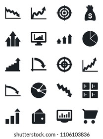 Set of vector isolated black icon - checkroom vector, growth statistic, money bag, crisis graph, monitor statistics, pie, target, arrow up, wallet, cart
