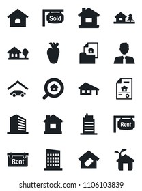 Set of vector isolated black icon - office building vector, house, real heart, with garage, tree, estate document, rent, sold signboard, search, agent, smart home, city, eco