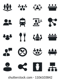 Set of vector isolated black icon - spoon and fork vector, train, male, speaking man, meeting, patient, group, company, hr, social media, hierarchy