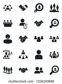 Set of vector isolated black icon - handshake vector, pedestal, team, patient, group, user, hr, meeting, hierarchy, client search, consumer