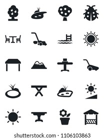 Set of vector isolated black icon - cafe vector, sun, flower in pot, lawn mower, lady bug, pond, picnic table, brightness, pool, fruit tree, mountains, restaurant, alcove