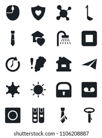 Set of vector isolated black icon - shower vector, mouse, sun, molecule, heart shield, stop button, record, lock, tie, book, house, sweet home, ladle, smoke detector, police, clock, paper plane