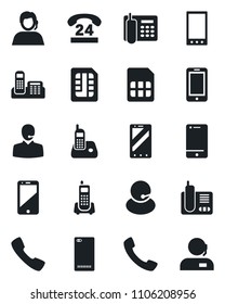 Set of vector isolated black icon - mobile phone vector, office, 24 hours, support, cell, radio, back, call, sim