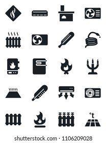 Set of vector isolated black icon - fire vector, hose, fireplace, thermometer, heater, air conditioner, candle, water, smoke detector, radiator, warm floor